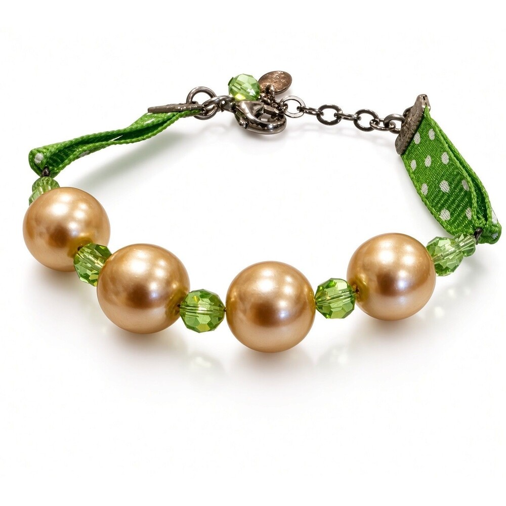 Chico's Champagne Pearl Green Crystal Polka Dot Ribbon Bracelet Signed